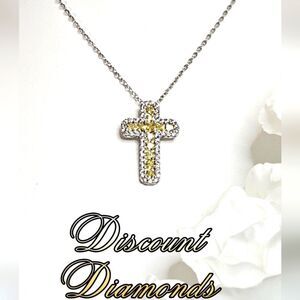 Clear White Baguette & Yellow Diamond Cross Pendant Necklace 925 Sterling Silver